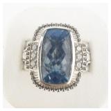 Judith Ripka Cushion Cut Blue Topaz sterling Silver Cocktail. Size 9.75 - 10.