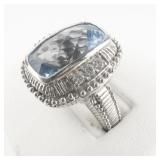 Judith Ripka Cushion Cut Blue Topaz sterling Silver Cocktail. Size 9.75 - 10.