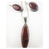 ATI (MEXICO) Oval Cut Red Jasper Sterling Silver Pendant Necklace & French Wire Earrings.