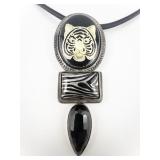Amy Kahn Russell Black Onyx Tiger Sterling Silver Pin/Pendant Enhancer With Rope Necklace.