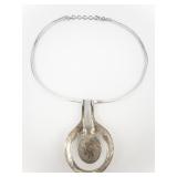 Modernist Green Stone/Enamel 835 Silver Collar Necklace.