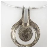 Modernist Green Stone/Enamel 835 Silver Collar Necklace.