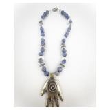 Sweet Romance Healing Hand Blue Base Metal Bead Necklace.