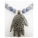 Sweet Romance Healing Hand Blue Base Metal Bead Necklace.
