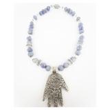 Sweet Romance Healing Hand Blue Base Metal Bead Necklace.