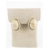 Oval Stone (Agate, Jasper ?)Yellow Plated Base Metal Omega Back Earrings .