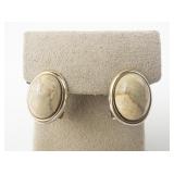 Oval Stone (Agate, Jasper ?)Yellow Plated Base Metal Omega Back Earrings .