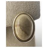 Oval Stone (Agate, Jasper ?)Yellow Plated Base Metal Omega Back Earrings .