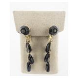 Black Beaded Base Metal Dangle Clip-On Earrings .