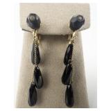 Black Beaded Base Metal Dangle Clip-On Earrings .