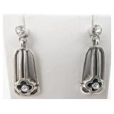 Open Work Flower Rhinestone Accented Base Metal Dangle Earrings .