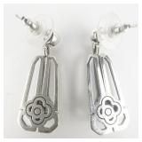 Open Work Flower Rhinestone Accented Base Metal Dangle Earrings .