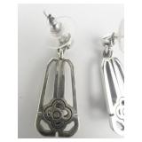 Open Work Flower Rhinestone Accented Base Metal Dangle Earrings .