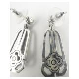 Open Work Flower Rhinestone Accented Base Metal Dangle Earrings .