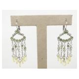 Green Rhinestone Silver Tone Base Metal Hinged Wire Hoop Dangle Earrings.