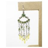 Green Rhinestone Silver Tone Base Metal Hinged Wire Hoop Dangle Earrings.