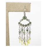 Green Rhinestone Silver Tone Base Metal Hinged Wire Hoop Dangle Earrings.