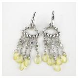 Green Rhinestone Silver Tone Base Metal Hinged Wire Hoop Dangle Earrings.