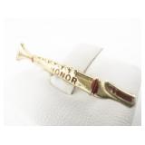 Musical Instrument (Clarinet?) Honor Yellow Base Metal Bar Brooch. Red Enamel Highlights