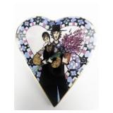P. Buckley Moss Membership Society Story Of Love (Serial # 31040), Heart Shape With Picture Of Young Couple. Porcelain brooch With Pendant.