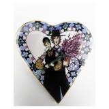 P. Buckley Moss Membership Society Story Of Love (Serial # 31040), Heart Shape With Picture Of Young Couple. Porcelain brooch With Pendant.
