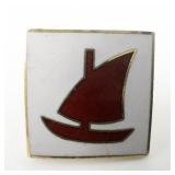 Red And White Enamel Sailboat Yellow Base Metal Lapel Pin.