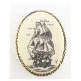 Peter Driscoll Scrimshaw Picture Of Sailing Ship Yellow Base Metal Pin/Pendant.
