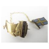 Viking Ship With Champleve Enamel Plate With Initials "UNFD", Attached With A Chain Is A Second Swedish Flag Pin. Yellow Base Metal Lapel Pin.