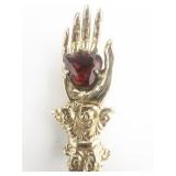Napier Open Hand With Large Red Heart Shaped Rhinestone Yellow Base Metal Brooch .