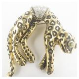 Florenza Green Eyed Panther With Moving Tail Yellow Base Metal Brooch. Rhinestone Set