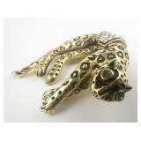 Florenza Green Eyed Panther With Moving Tail Yellow Base Metal Brooch. Rhinestone Set