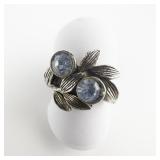 Blue Rhinestone Leafy Base Metal Adjustable Ring. Size 5-6.25.