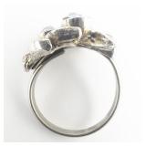 Blue Rhinestone Leafy Base Metal Adjustable Ring. Size 5-6.25.