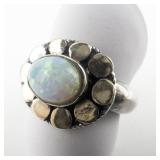 Opal Two-Tone Flower Sterling Silver Ring. Size 7.25 - 7.5.