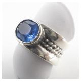 Chapal-Zenray Oval Cut Blue Topaz (?) Wide Sterling Silver Ring. Size 7.5 - 7.75.