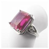 Emerald Cut Synthetic Pink Sapphire (?) CZ Side Stone Sterling Silver Ring. Size 6.75 - 7.