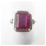 Emerald Cut Synthetic Pink Sapphire (?) CZ Side Stone Sterling Silver Ring. Size 6.75 - 7.