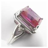 Emerald Cut Synthetic Pink Sapphire (?) CZ Side Stone Sterling Silver Ring. Size 6.75 - 7.