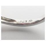 Emerald Cut Synthetic Pink Sapphire (?) CZ Side Stone Sterling Silver Ring. Size 6.75 - 7.