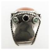 ***Stunning*** Hand Fabricated Bright Color Sardonyx With Emerald & Sapphire Accents Accented Sterling Silver Statement Ring. Size 5.75 - 6.