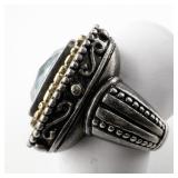 Gabrielle Bruni Beautiful Bezel Set Blue Topaz With Beaded Border Sterling Silver & 14K Ring. Size 6.5 - 6.75.