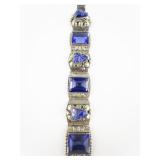 Taxco, Mexico Blue Glass Hand Carved Mayan Mask Base Metal Panel Bracelet.