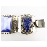 Taxco, Mexico Blue Glass Hand Carved Mayan Mask Base Metal Panel Bracelet.