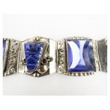 Taxco, Mexico Blue Glass Hand Carved Mayan Mask Base Metal Panel Bracelet.