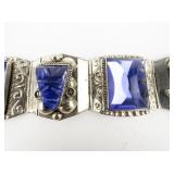 Taxco, Mexico Blue Glass Hand Carved Mayan Mask Base Metal Panel Bracelet.