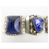 Taxco, Mexico Blue Glass Hand Carved Mayan Mask Base Metal Panel Bracelet.