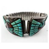 Rita A Benally (Inlay) & Ella Cowboy (Silver) Turquoise, Jet, Mother-Of Pearl & Coral Inlay Sterling Silver Stretch Watch Strap. 18Mm Lug Width.