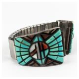 Rita A Benally (Inlay) & Ella Cowboy (Silver) Turquoise, Jet, Mother-Of Pearl & Coral Inlay Sterling Silver Stretch Watch Strap. 18Mm Lug Width.