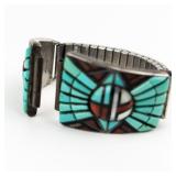 Rita A Benally (Inlay) & Ella Cowboy (Silver) Turquoise, Jet, Mother-Of Pearl & Coral Inlay Sterling Silver Stretch Watch Strap. 18Mm Lug Width.