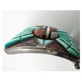 Rita A Benally (Inlay) & Ella Cowboy (Silver) Turquoise, Jet, Mother-Of Pearl & Coral Inlay Sterling Silver Stretch Watch Strap. 18Mm Lug Width.